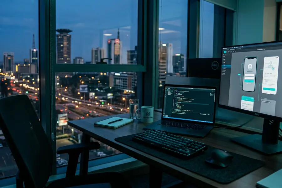 A modern developer workspace with code on screen at dusk